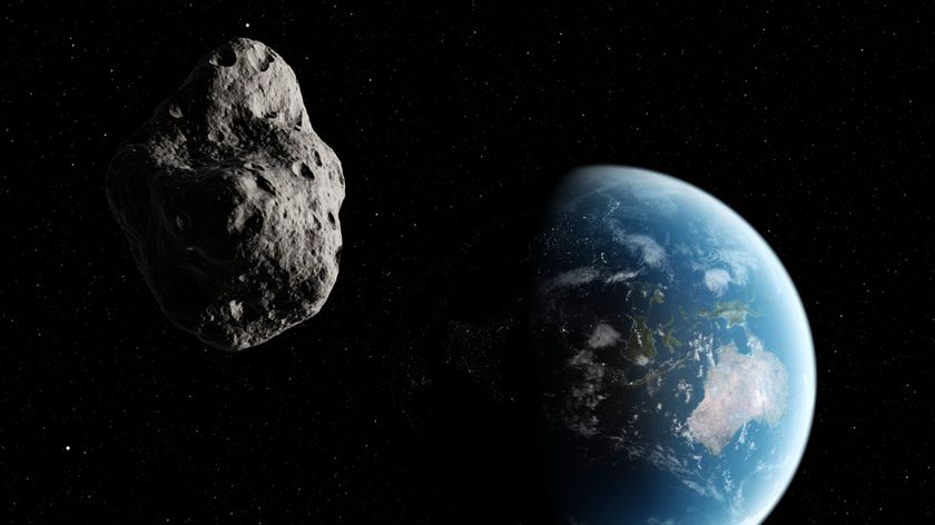 A digital illustration of an asteroid approaching Earth. 