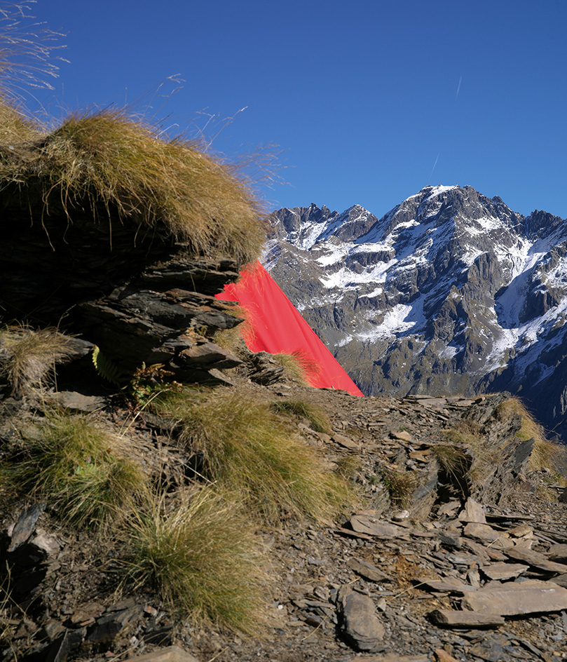 Aldo Frattini Bivouac, a little red mountain shelter in the pre-Alpine regions of Italy