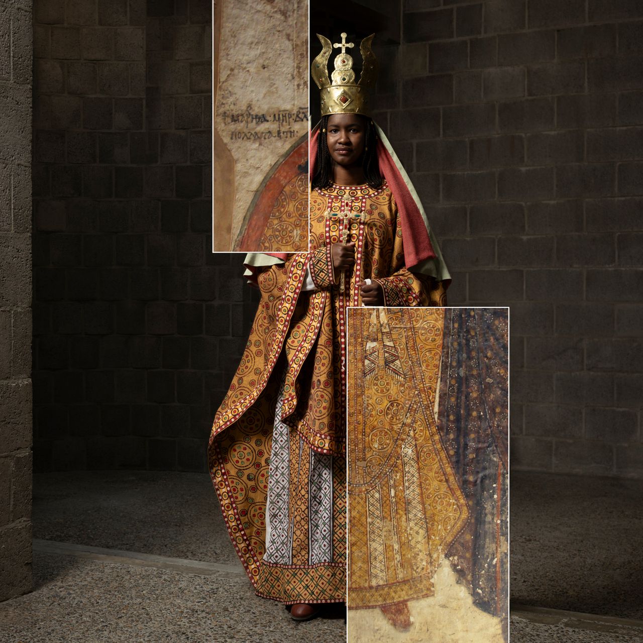 A model wears colorful patterned clothing with an ancient painting cutout next to the model for comparison