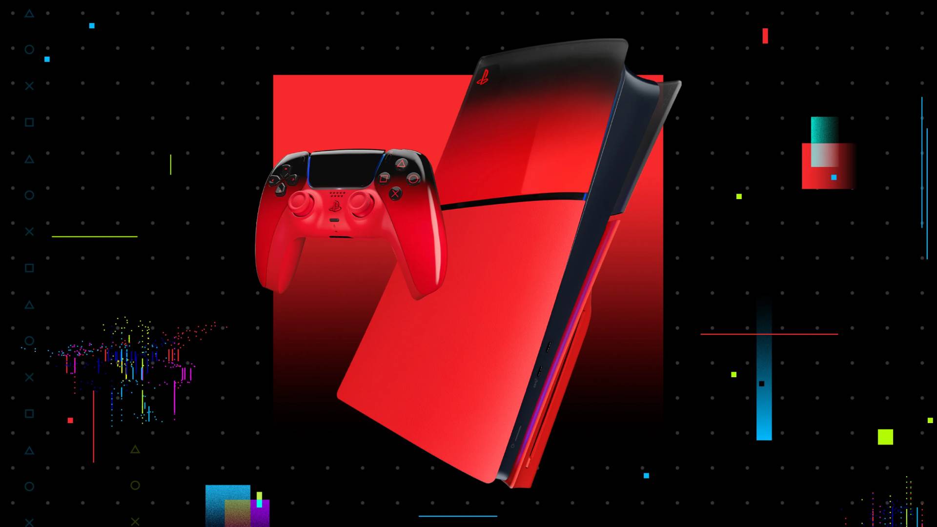 Image of the Techo Red DualSense and PS5 console cover by Sony PlayStation.