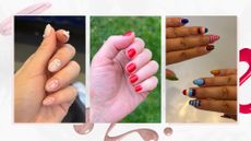 On the left, is a close-up of Contributing Beauty Editor, Lucy Abbersteen's 3D shell nails, followed by a picture of Digital Beauty Editor, Fiona McKim's bright red nails and finally, on the right, a picture of Social Media Editor, Luisa Rossi's multi-coloured striped and abstract nails. All images are featured in a white marble-like template, with pink and red nail polish spills.