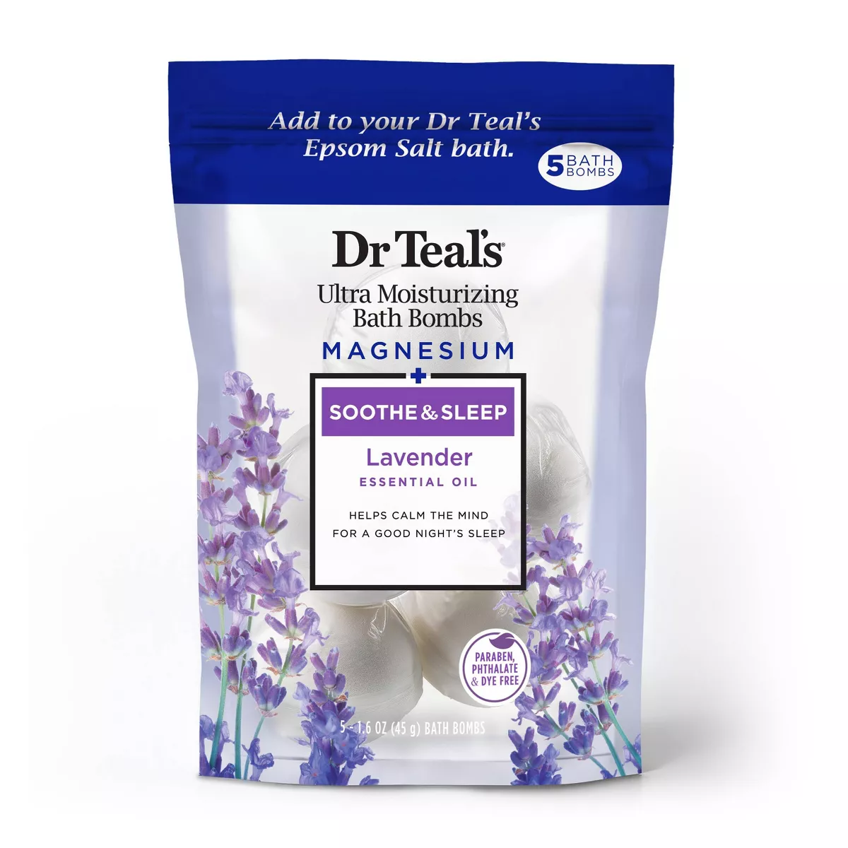 Bomba de banho ultra hidratante de lavanda calmante do Dr Teal - 5 ct: para pele mista e seca, bolsa reforçada