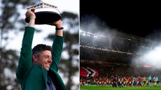 Rory McIlroy holds The Masters trophy aloft, while players walk out at Old Trafford