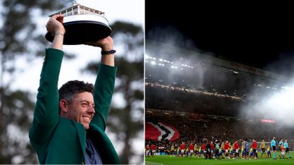 Rory McIlroy holds The Masters trophy aloft, while players walk out at Old Trafford