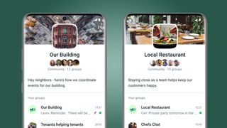 Zwei Telefone auf grünem Hintergrund, die das Feature "Communities" von WhatsApp zeigen