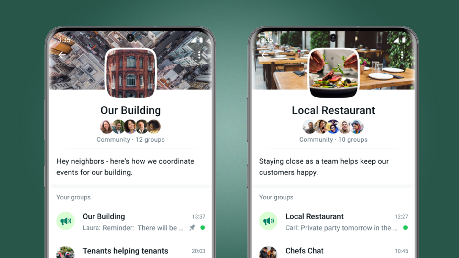 Two phones on a green background showing WhatsApp's Communities feature