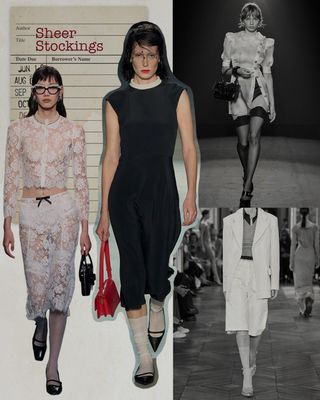 a collage depicting models wearing sheer stockings on the runway