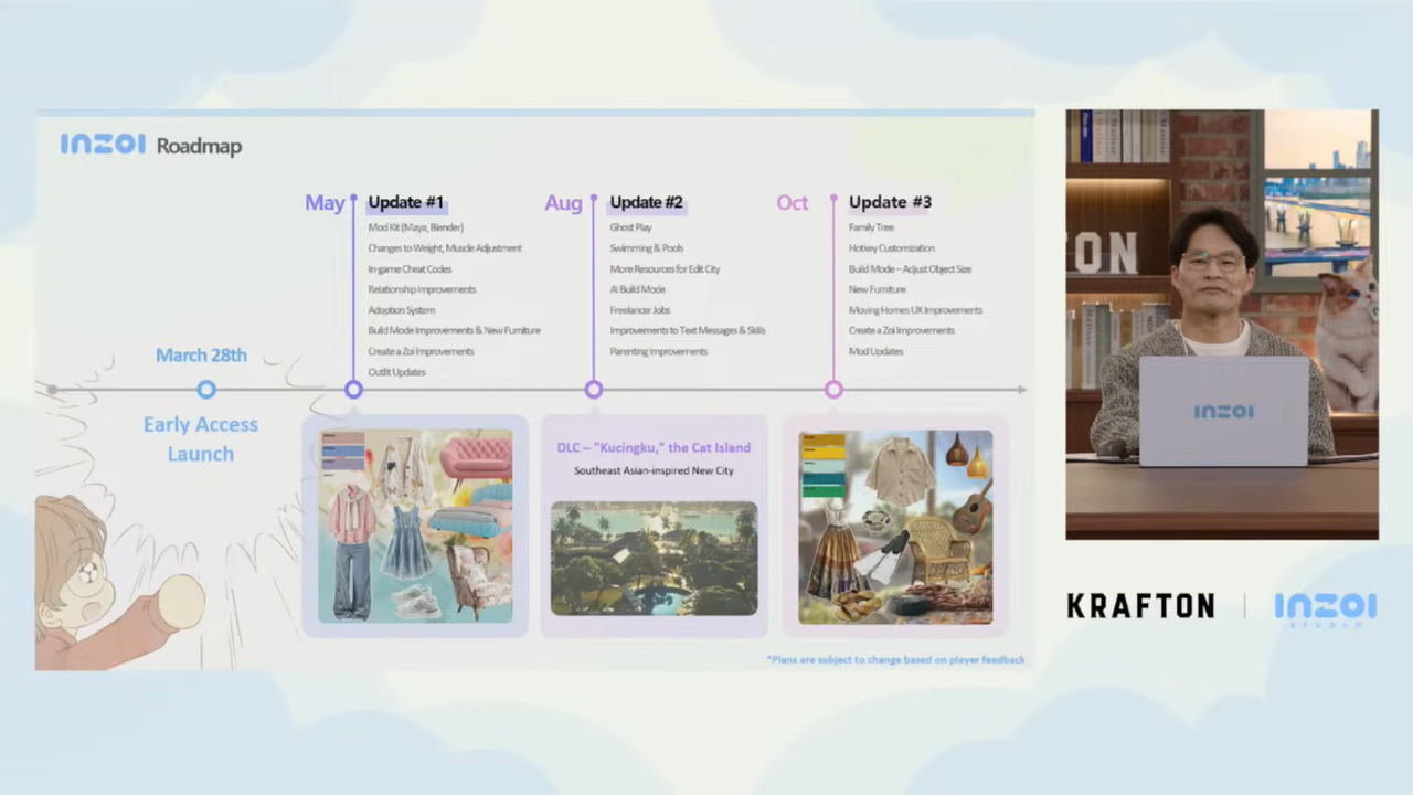 Inzoi - Inzoi Global Showcase screenshot showing the feature list for three planned updates in May, August, and October