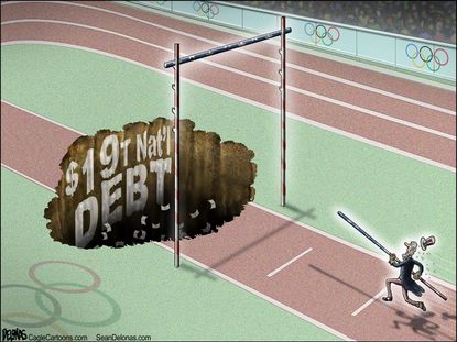 Political cartoon U.S. hurdle Uncle Sam American national debt Rio Olympics