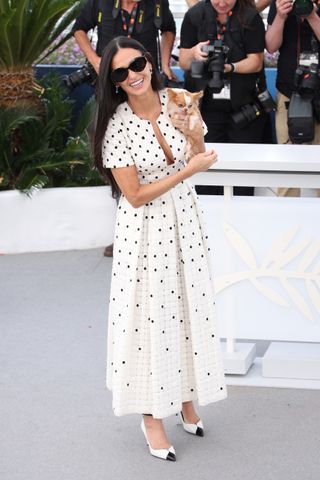 Demi Moore on the The Substance photocall carpet holding her chihuahua Pilaf and wearing a polka dot dress