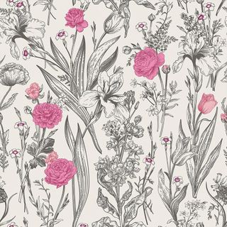 Vintage botanical design peel and stick wallpaper with pink floral pops