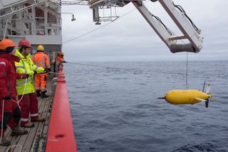 The yellow submersible known as Boaty McBoatface is deployed into Antarctic waters.