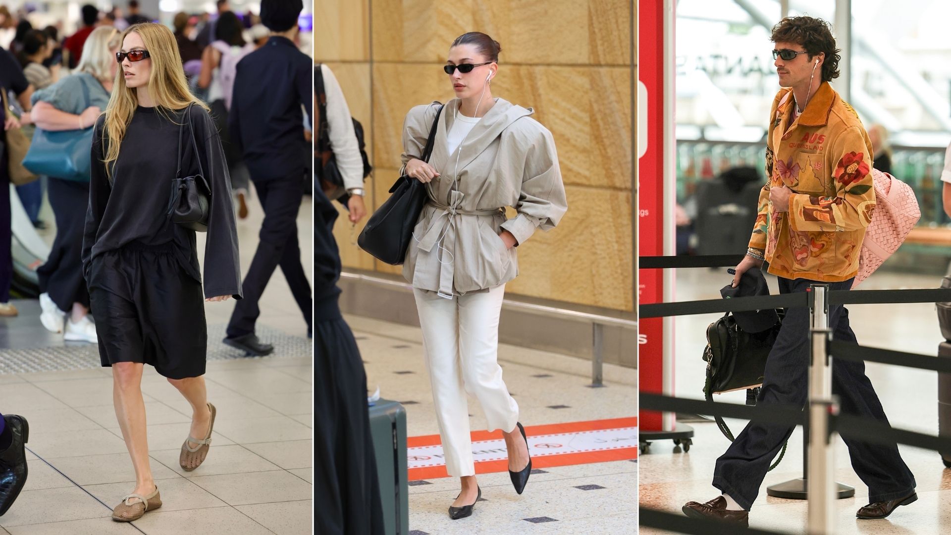 An image of Jacob Elordi, Hailey Bieber and Margot Robbie, three of the best celebrity airport outfits of 2026.