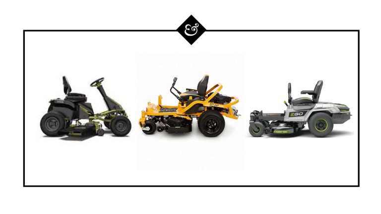 Best riding lawn mowers graphic with Ryobi mower, Cub Cadet mower and EGO POWER mower
