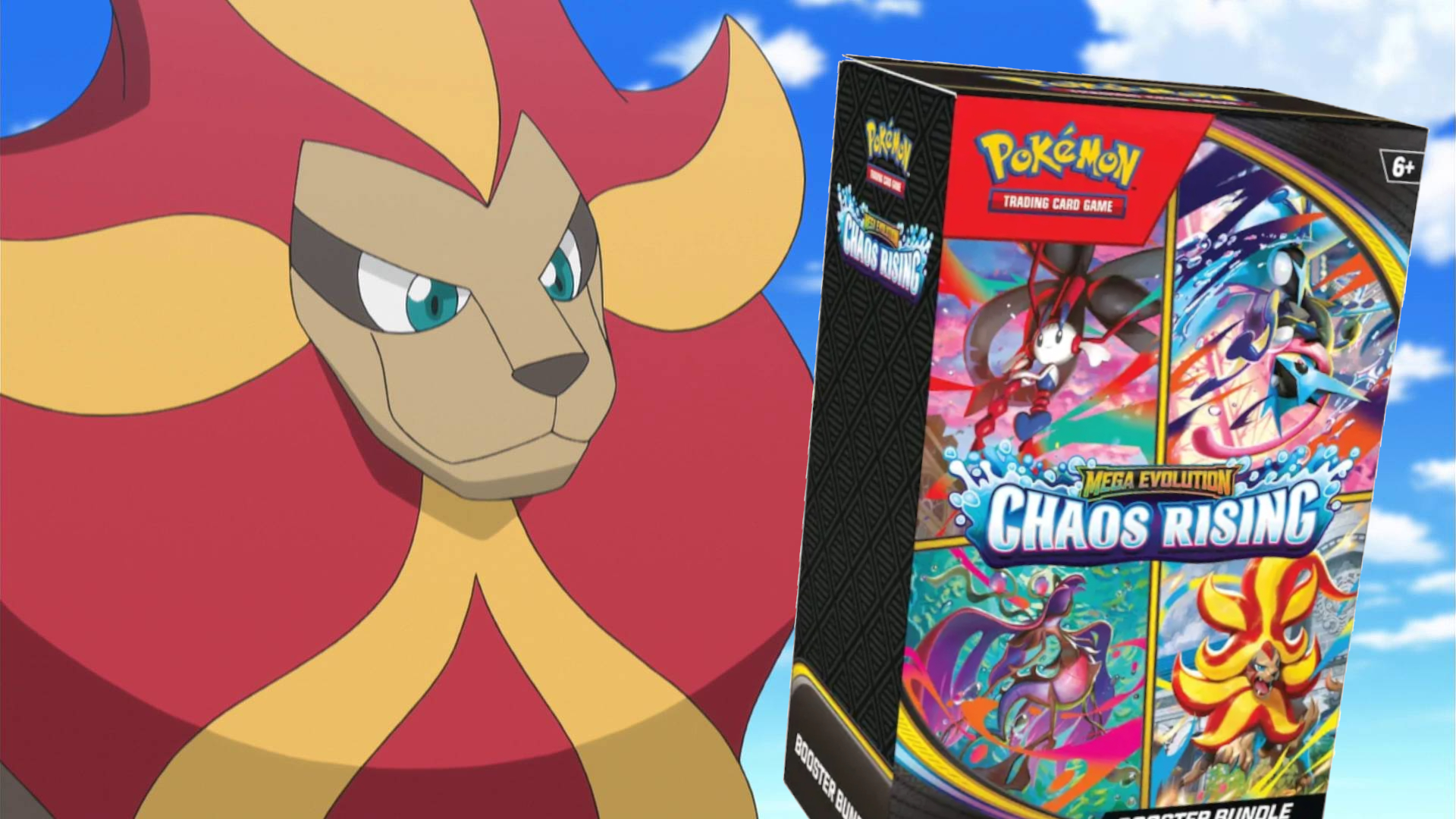 A Pyroar looking at a Pokemon Chaos Rising Booster Bundle pack