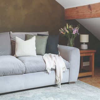 A living room with an olive green-painted feature wall and a grey velvet sofa with contrasting scatter cushions