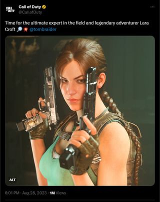 A tweet from @CallofDuty, showing a screenshot of Lara Croft with the caption "Time for the ultimate expert in the field and legendary adventurer Lara Croft 🔎💥 @tombraider"