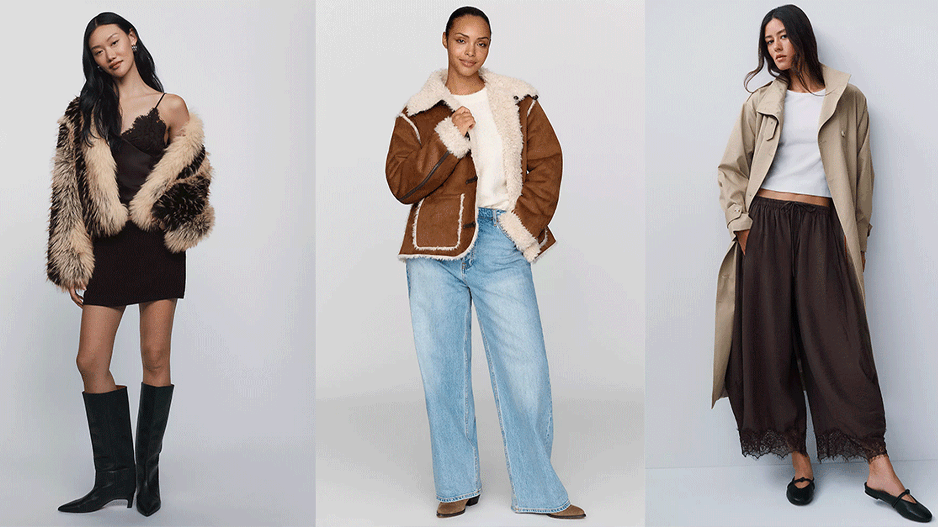 Models wear anthropologie. One wears mini dress, faux fur jacket, and boots. Another wears jeans and faux sherpa suede jacket. The last model wears trench coat and lace trim pants with flats.