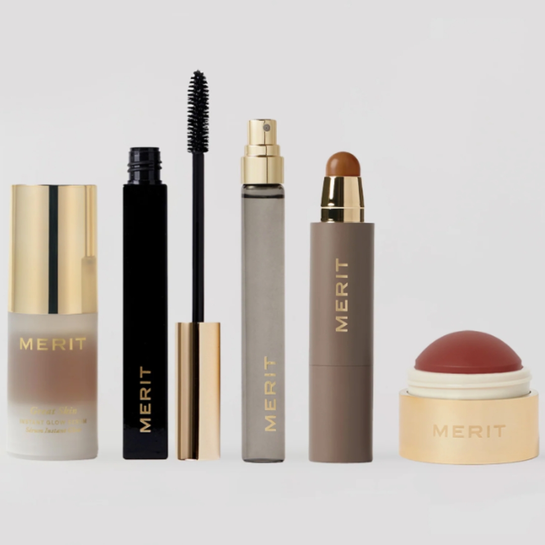A product shot of the Merit The Bestsellers Set, on grey background