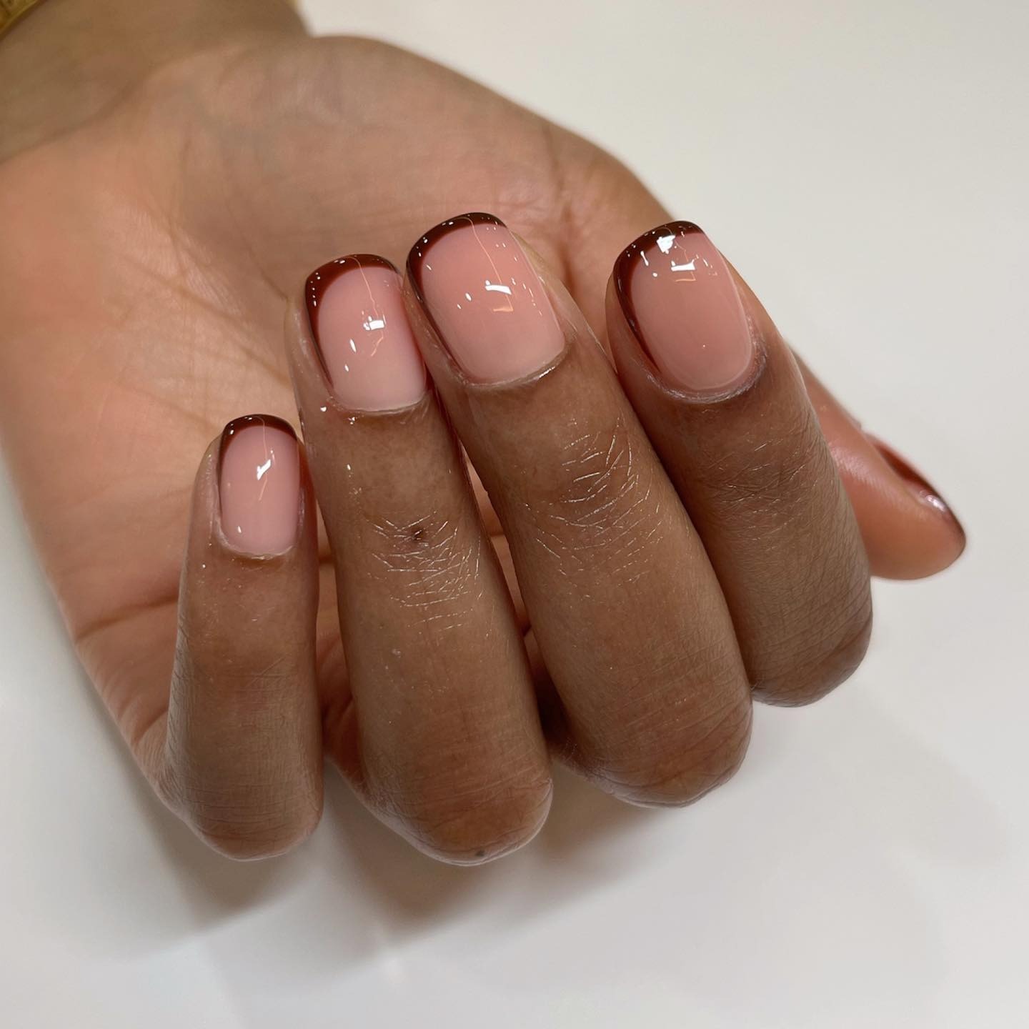A chestnut brown French tip manicure