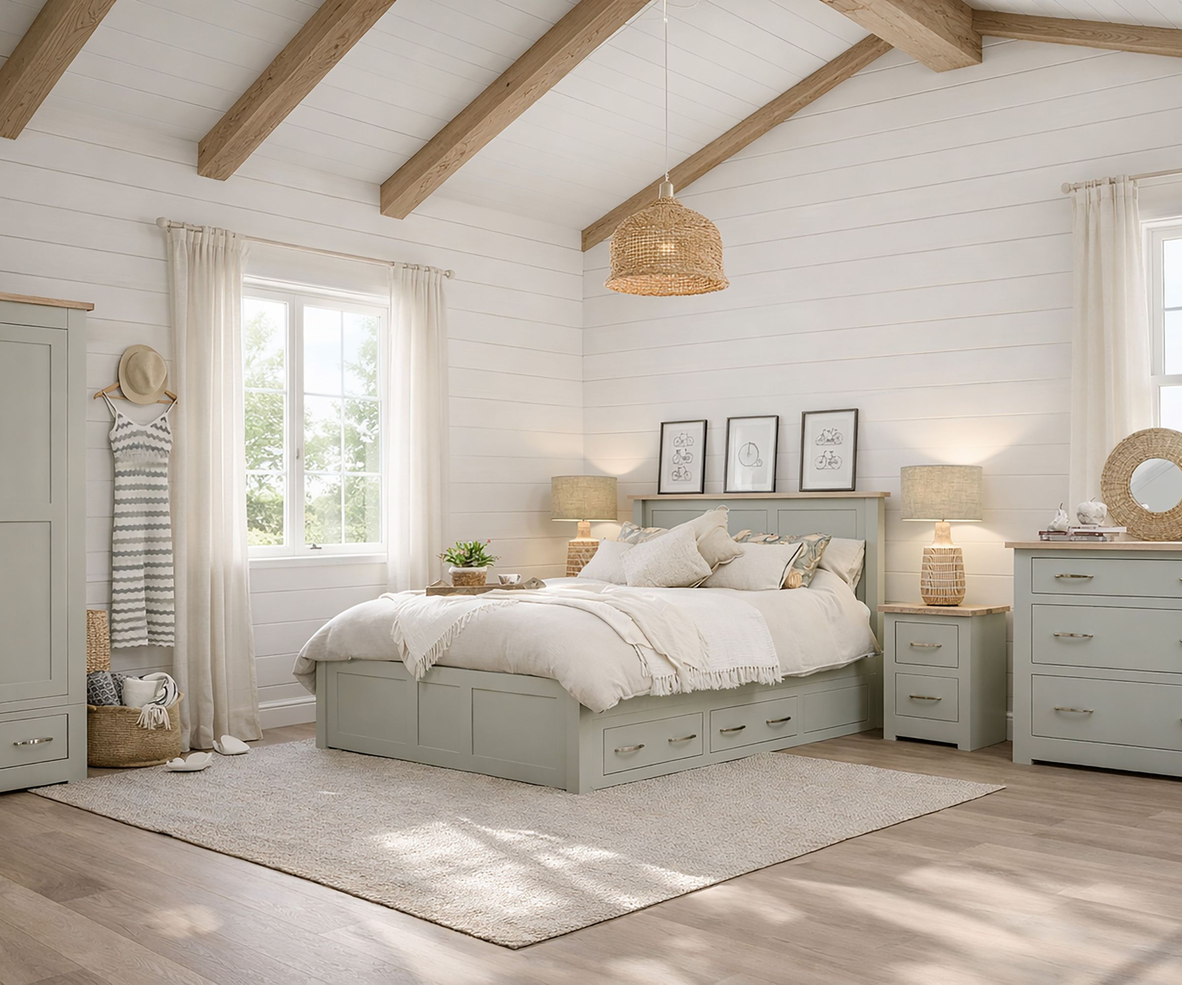 A bright, airy bedroom with white shiplap walls and exposed wooden ceiling beams. A pale green bed with built-in drawers sits centered on a large cream rug. Matching bedside tables and a dresser frame the space, with soft neutral bedding and woven lighting overhead.