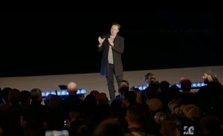 Elon Musk discusses SpaceX's latest plans to launch its new Starship rocket in 2022 during a project update at the company's Starbase facility in South Texas on Feb. 10, 2022.