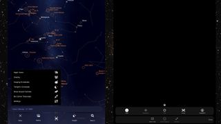 a screenshot of an app showing an illustration of the night sky with several galaxies and constellations circled in yellow