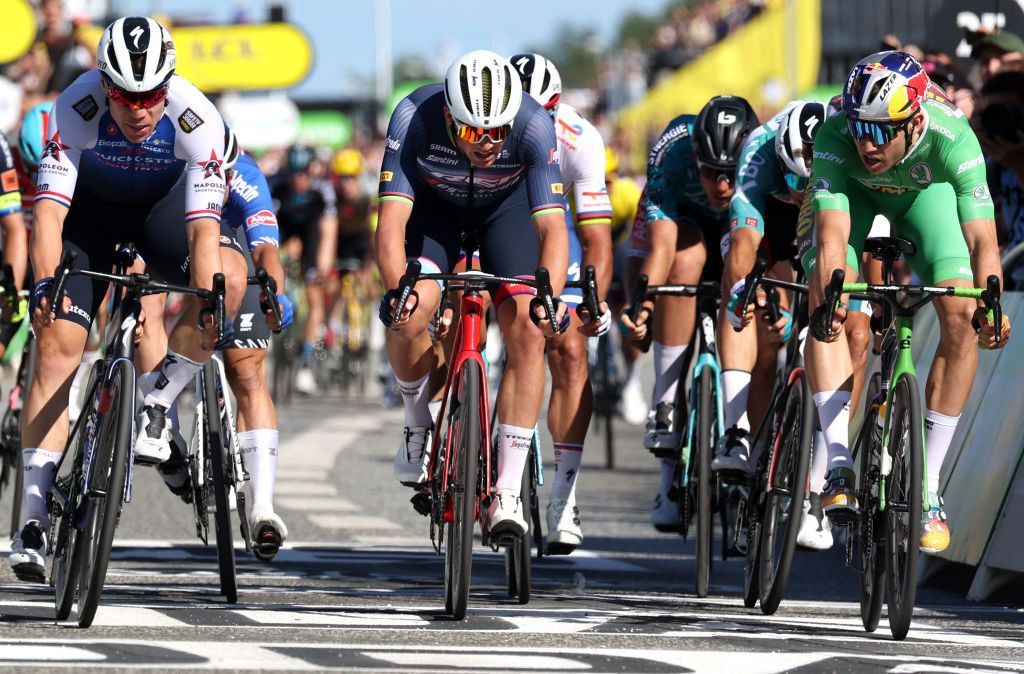 QuickStep Alpha Vinyl Teams Dutch rider Fabio Jakobsen L TrekSegafredo teams Danish rider Mads Pedersen C and JumboVisma teams Belgian rider Wout Van Aert R sprint to the finish line during the 2nd stage of the 109th edition of the Tour de France cycling race 2022 km between Roskilde and Nyborg in Denmark on July 2 2022 Photo by Thomas SAMSON AFP Photo by THOMAS SAMSONAFP via Getty Images