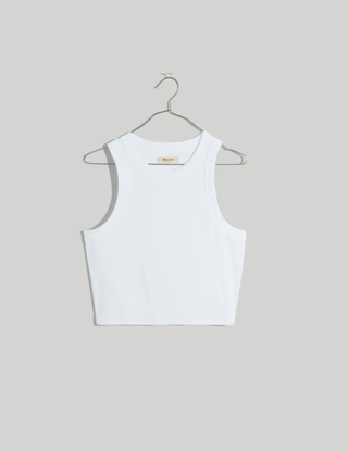 Madewell ribbed tank top in front of a plain backdrop