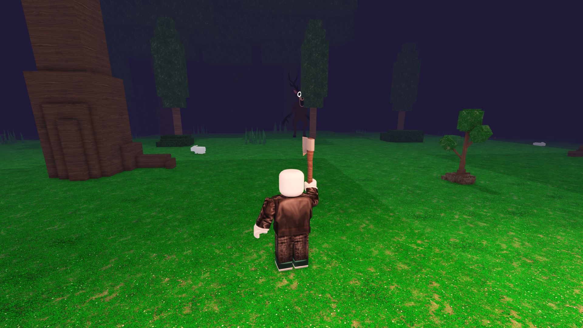 A Roblox player with an axe stands at the edge of the firelight, while the Deer looks out from behind a tree in the dark