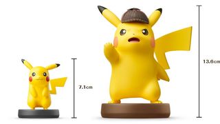 A side-by-side comparison of the (small) Pikachu and (huge) Detective Pikachu amiibo.