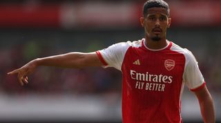 William Saliba of Arsenal during the Premier League match between Arsenal FC and Fulham FC at Emirates Stadium on August 26, 2023 in London, England.