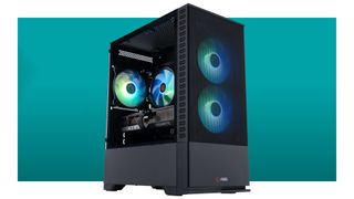 An ABS Cyclone Aqua desktop gaming PC against a teal background with a white border