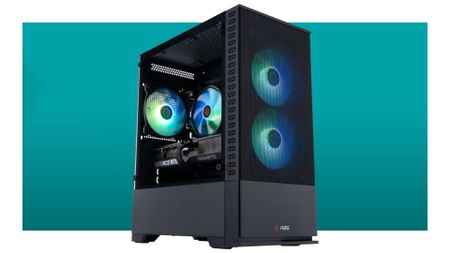 An ABS Cyclone Aqua desktop gaming PC against a teal background with a white border