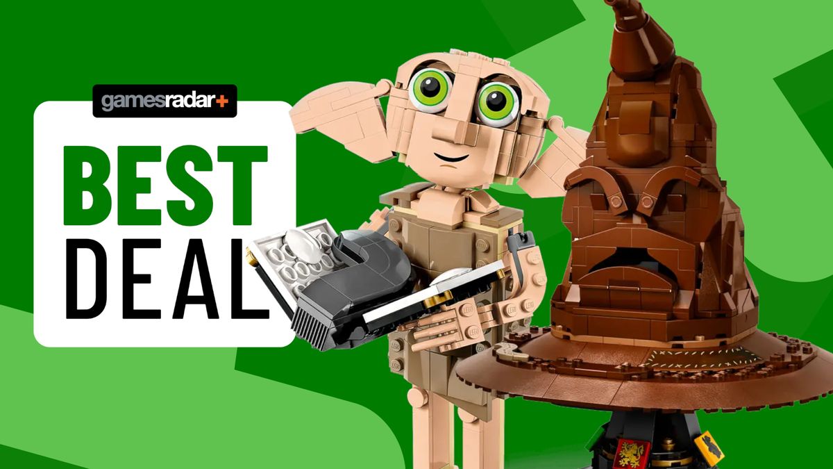 Lego Dobby and Talking Sorting Hat beside a &#039;best deal&#039; badge, against a green background