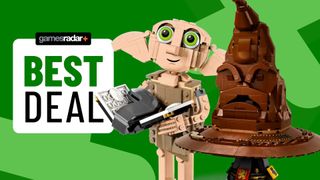 Lego Dobby and Talking Sorting Hat beside a 'best deal' badge, against a green background