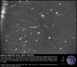  This image, taken Jan. 8, shows the newfound asteroid 2020 AV2, which orbits the sun closer than Venus does.