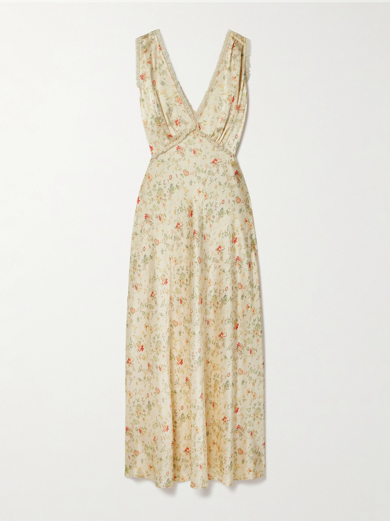 Tahlia Lace-Trimmed Floral-Print Silk-Charmeuse Midi Dress