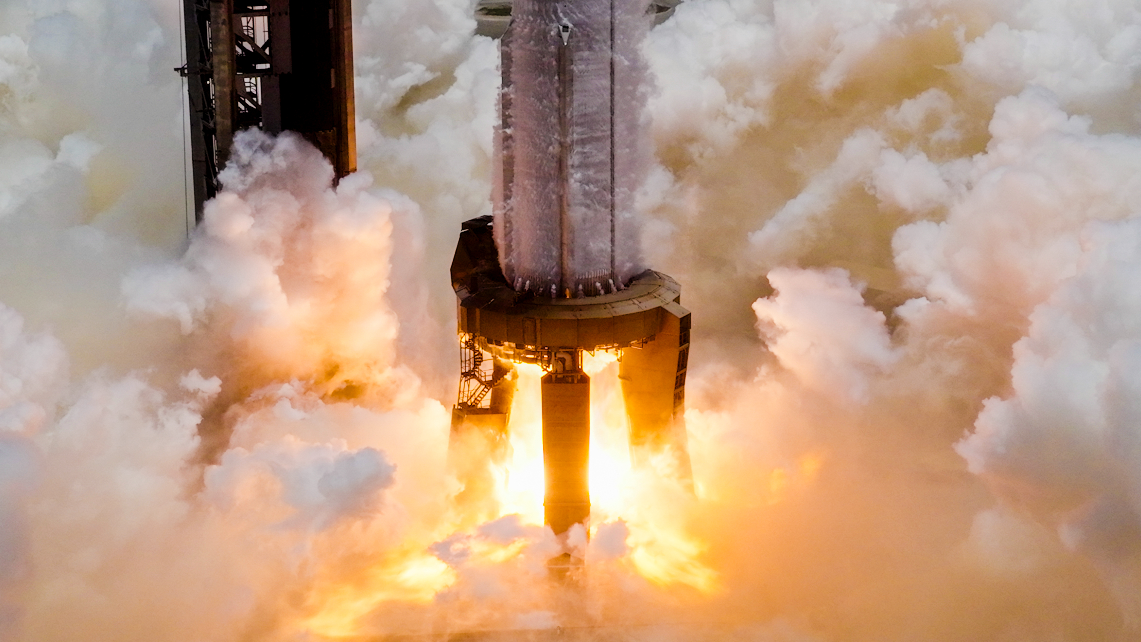 SpaceX conducts a static fire test with the Flight 10 Starship Super Heavy first-stage booster at its Starbase site in South Texas on June 6, 2025.