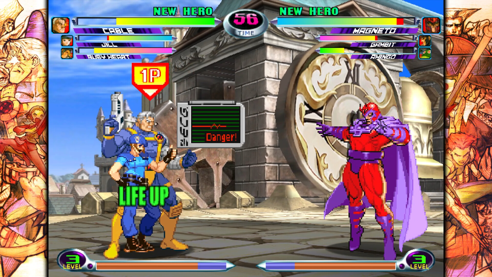 Game picture of Jill and Cable Fight Magneto in Marvel Vs. Capcom 2 within MARVEL vs. CAPCOM Fighting Collection: Arcade Classics