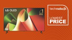 LG 55-Inch Class OLED B4 Series Smart TV 4K Processor Flat Screen with Magic Remote AI-Powered with Alexa Built-in on orange background with lowest price TechRadar icon