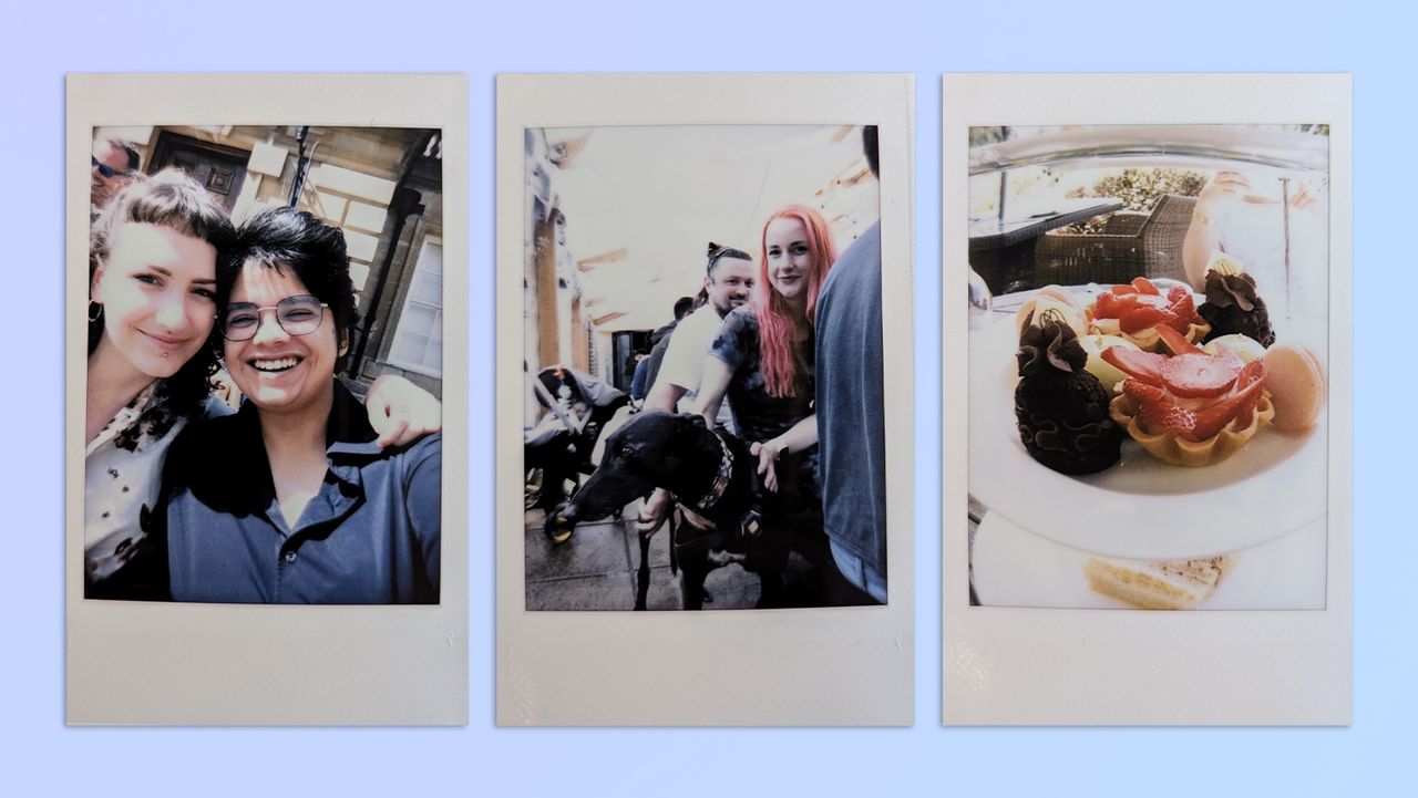 A compilation of photos taken with a matcha green Fujifilm Instax mini LiPlay 2-in-1 camera