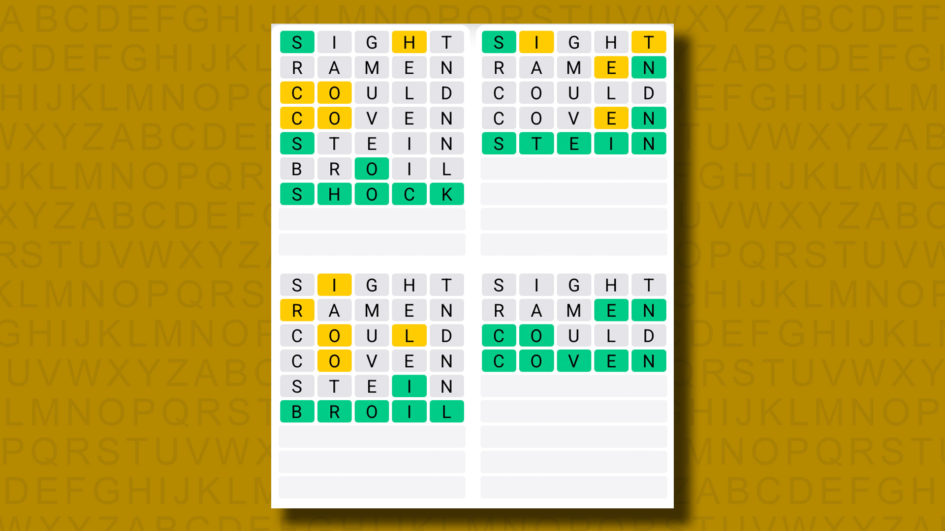 Quordle answers for game 1238 on a yellow background