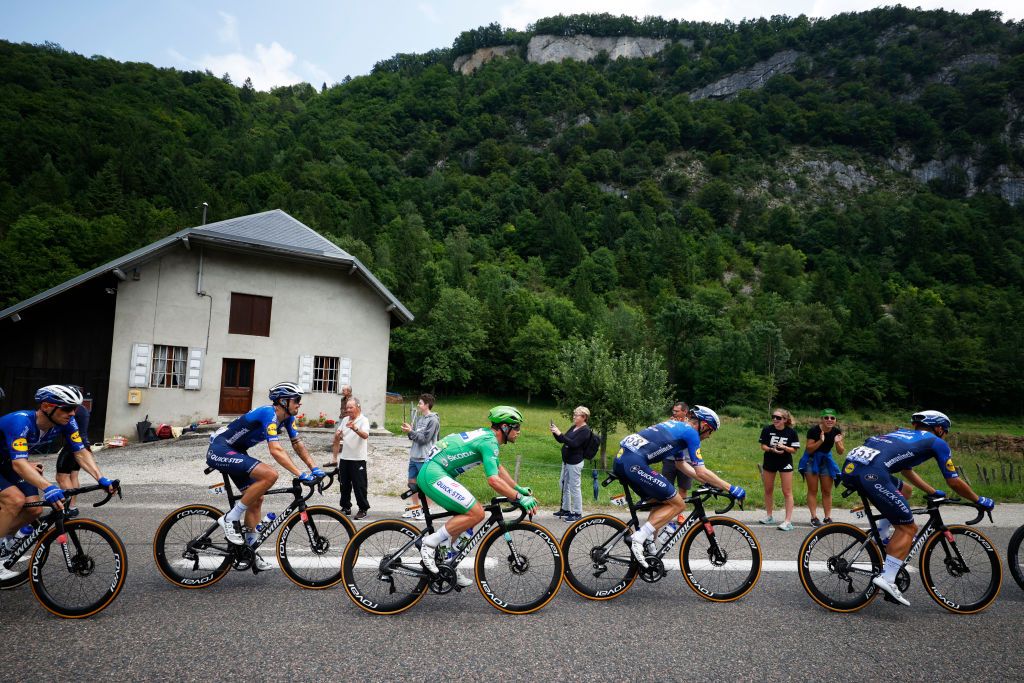 VALENCE FRANCE JULY 06 Mark Cavendish of The United Kingdom and Team Deceuninck QuickStep Green Points Jersey and teammates during the 108th Tour de France 2021 Stage 10 a 1907km stage from Albertville to Valence LeTour TDF2021 on July 06 2021 in Valence France Photo by Chris GraythenGetty Images