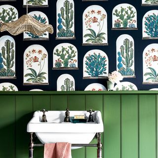Botanical wallpaper and green panelling