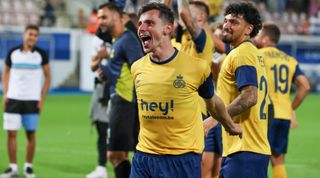 Union Saint-Gilloise's Dante Vanzeir celebrates at full time during the UEFA Champions League Third Qualifying Round match between Union Saint-Gilloise and Rangers at the King Power at Den Dreef Stadion, on August 02, 2022, in Heverlee, Belgium.