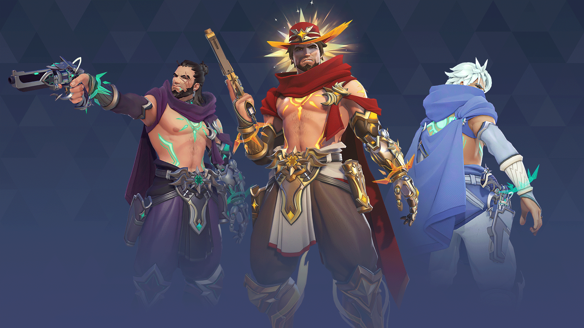 Overwatch 2 Season 20: The Cassidy Mythic skin, showing off the three main variations.
