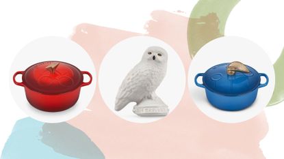 A composite image of three of the best Le Creuset Harry Potter pieces, on a pink background with green and blue graphics.
