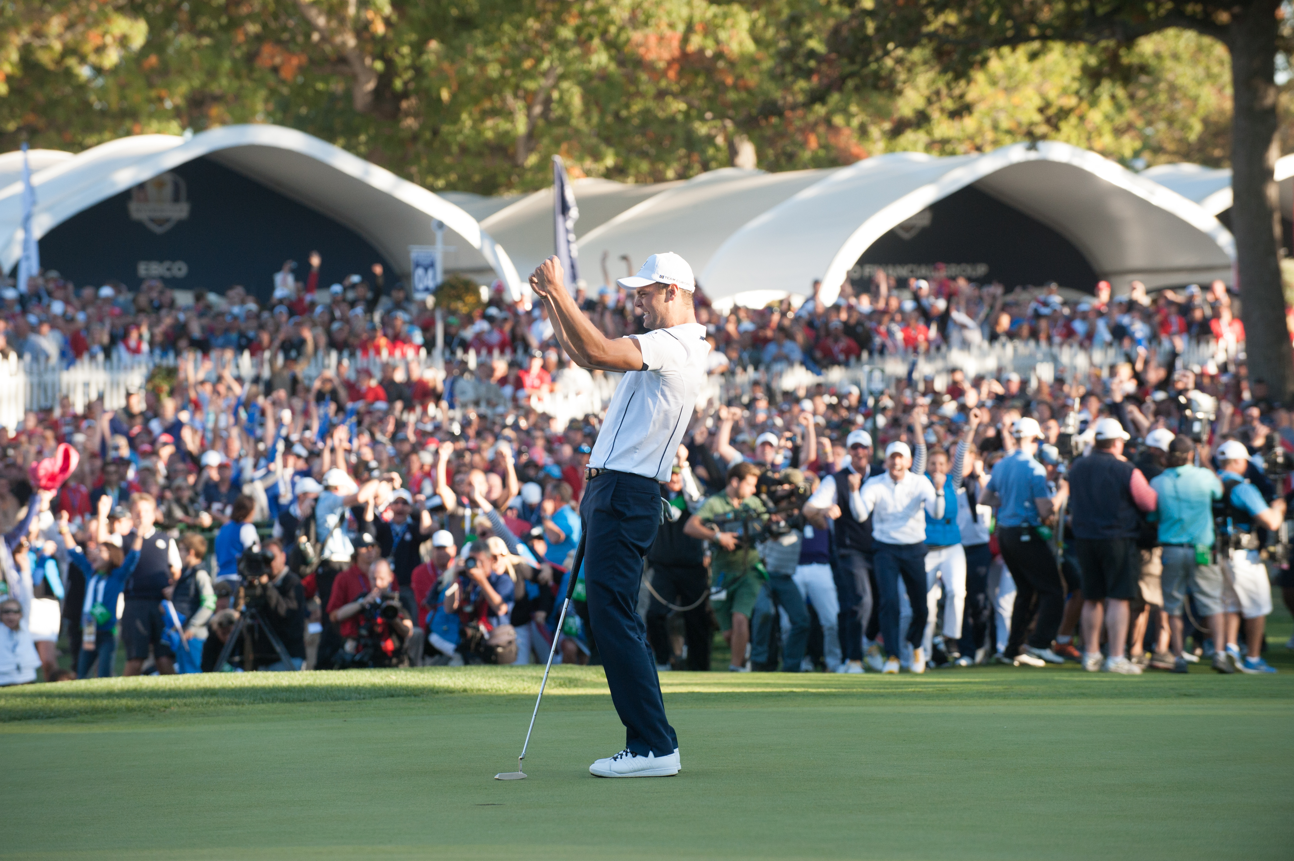 Martin Kaymer fist pumps after holing the winning putt at the 2012 Ryder Cup