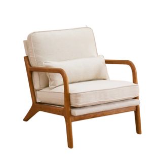 A white and brown cushioned chair